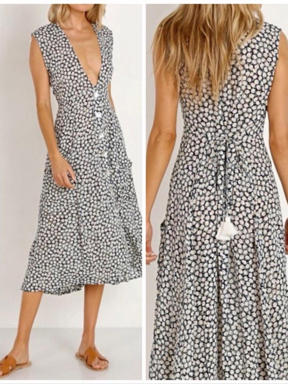 Faithful The Brand Sleeveless Black & White Floral V-Neck Midi Dress